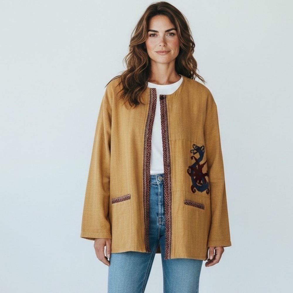Corinne Brodbeck Art to Wear Mustard Raw Cotton Embroidered Dragon Jacket XL